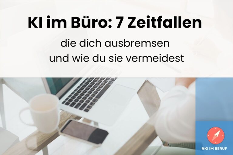 Büroschreibtisch, Rechnerutensilien, Mensch. KI im Büro: 7 Zeitfallen