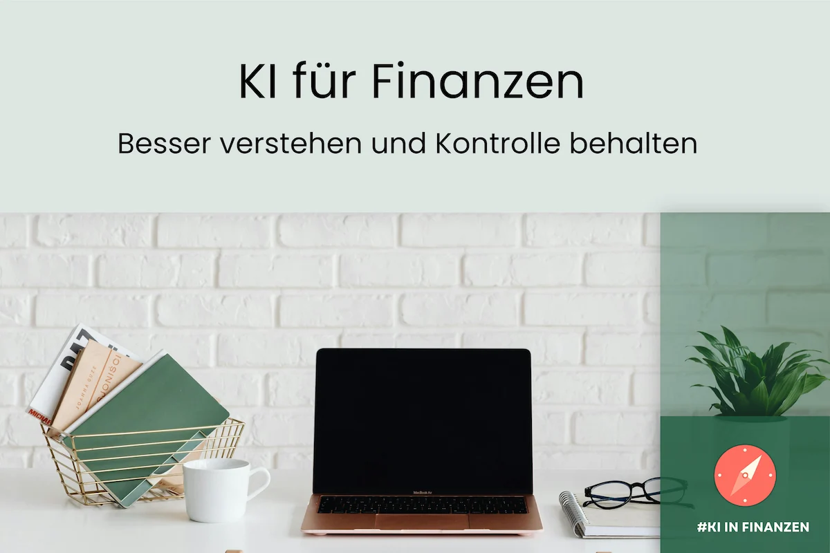 Laptop, Notizbuch und Unterlagen auf einem Schreibtisch veranschaulichen den Einsatz von KI für Finanzen.