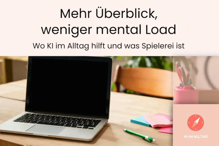Laptop mit Notizzetteln und Arbeitsmaterialien zeigt, wie sich KI im Alltag für Organisation und Planung nutzen lässt.