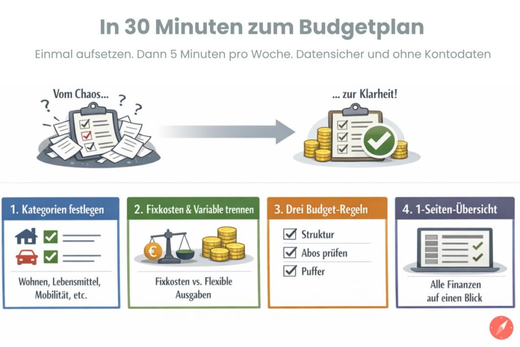 Infografik zur Budgetplanung mit KI mit dem Titel „In 30 Minuten zum klaren Budgetplan“. Gezeigt wird der Weg vom Finanz-Chaos zur Klarheit in 4 Schritten: Kategorien festlegen, Fixkosten & Variable trennen, drei Budget-Regeln anwenden und eine 1-Seiten-Übersicht erstellen.