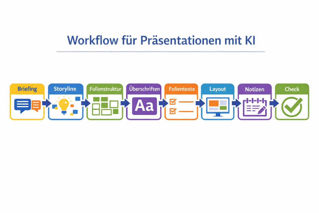 KI Präsentationen. Grafik Workflow 8-Schritte-Workflow, Kira Kompass