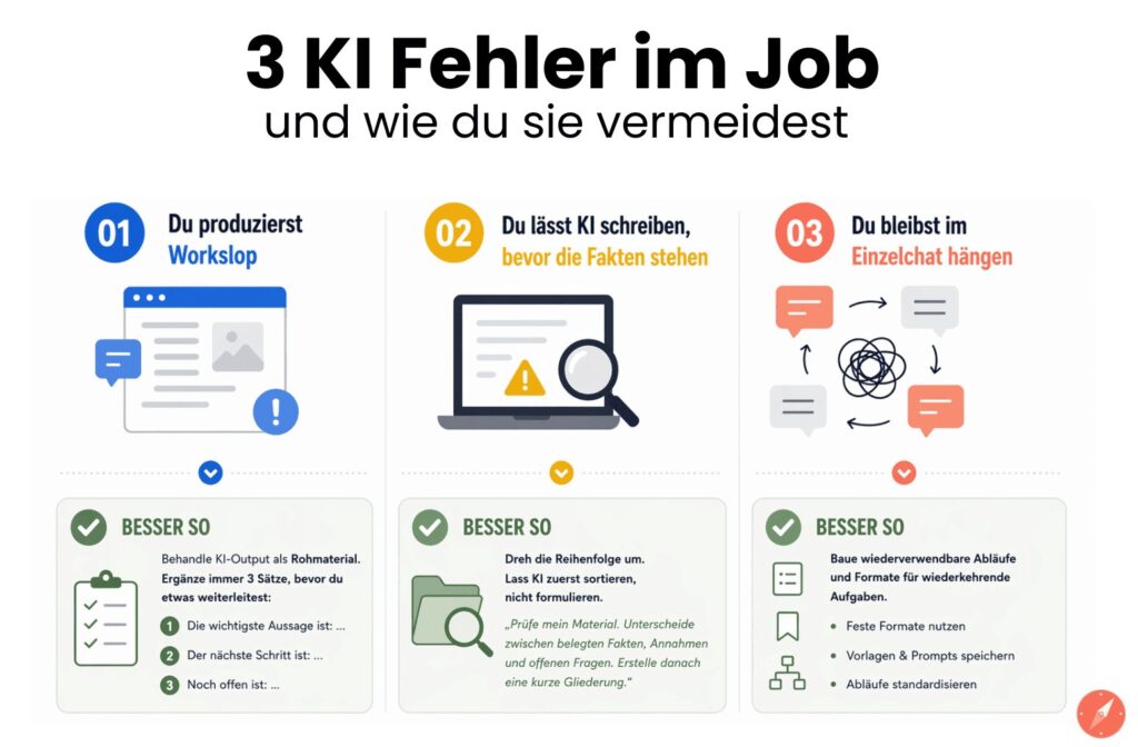 Infografik die 3 häufigsten KI-Fehler im Job: Workslop, fehlende Fakten, Einzelchat ohne System