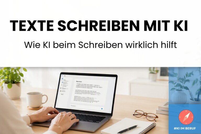 KI Texte schreiben. Frau arbeitet an einem hellen Schreibtisch an einem Laptop
