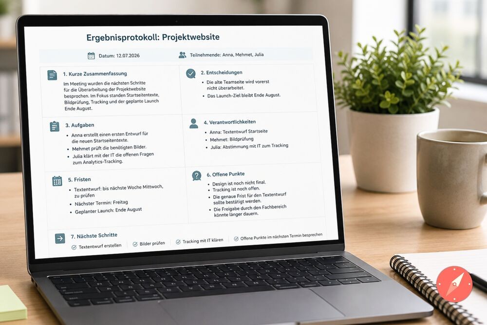 Laptop mit strukturiertem Ergebnisprotokoll für eine Projektwebsite als Beispiel für ein Meeting-Protokoll mit KI.
