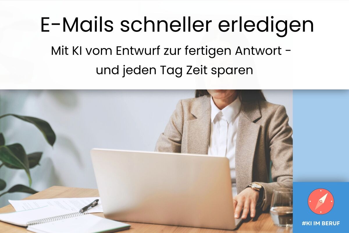 E-Mails mit KI schreiben: Person am Laptop verfasst und beantwortet E-Mails schneller mit KI-Unterstützung.
