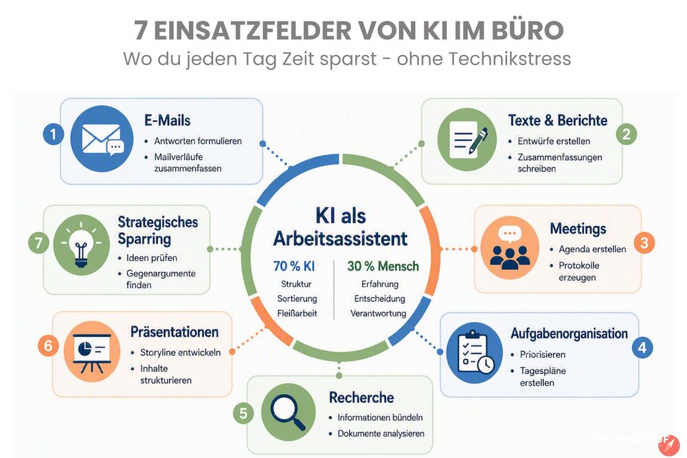 Infografik zu KI als Arbeitsassistent mit 7 Büro‑Einsatzfeldern