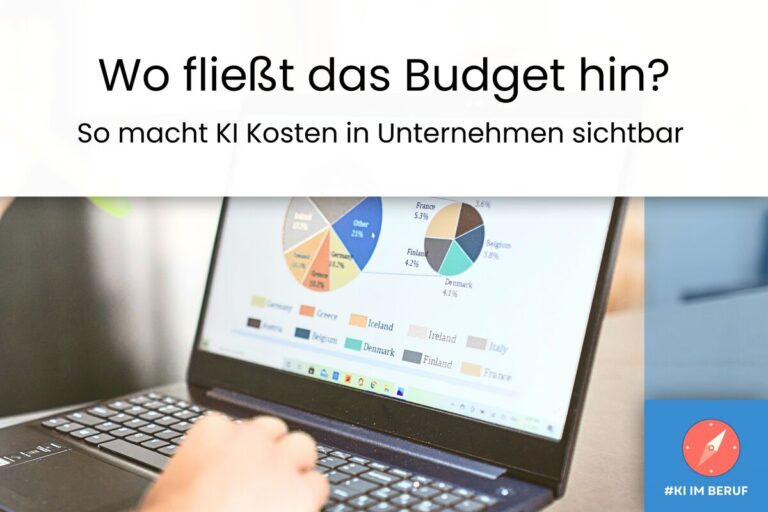 Laptop mit Diagrammen und Auswertungen zur KI-Ausgabenanalyse macht Kosten und Budgetverteilung sichtbar.