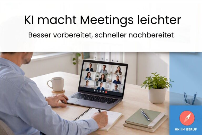 Laptop mit Videokonferenz und Notizen zeigt, wie sich KI für Meetings im Arbeitsalltag nutzen lässt.