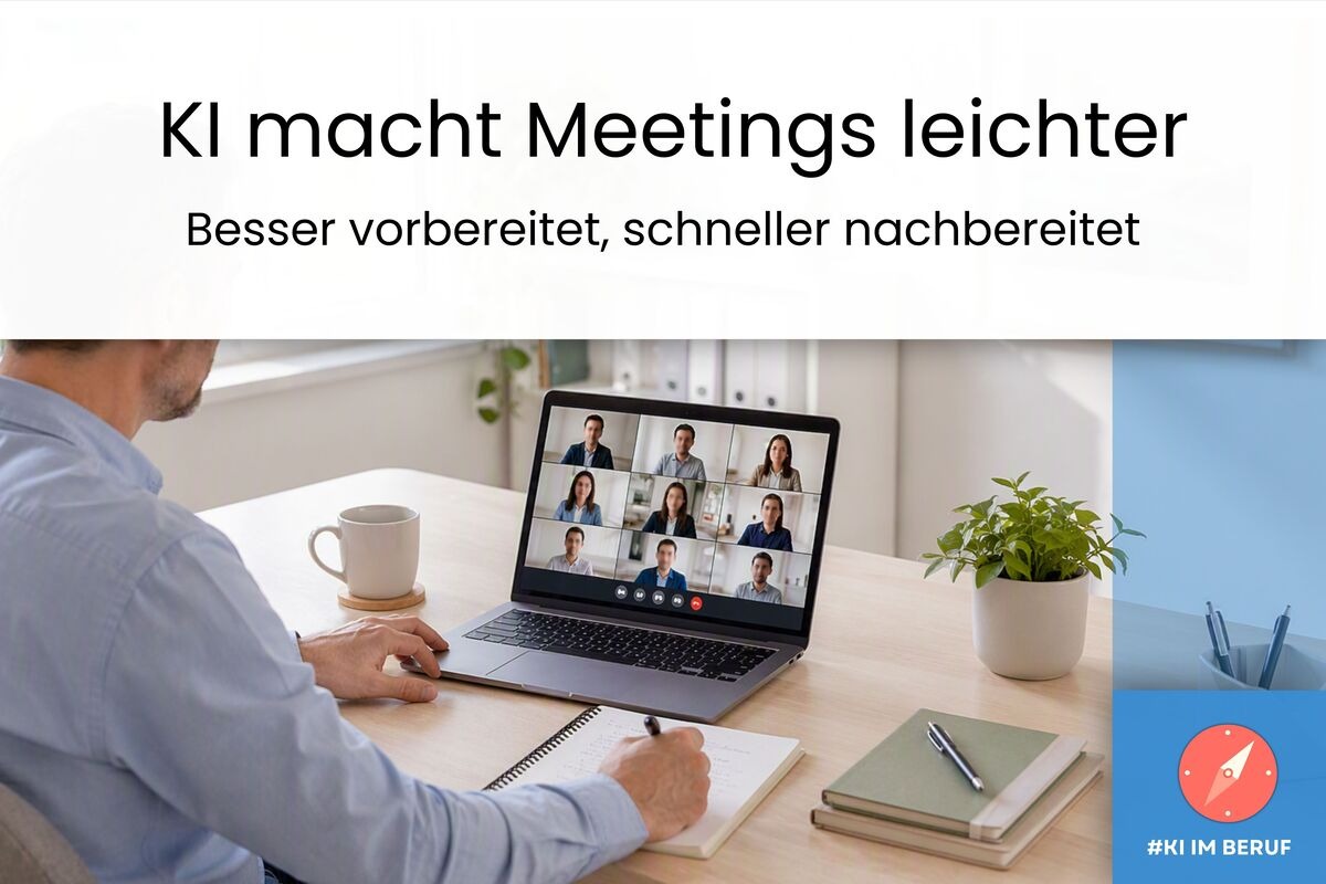 Laptop mit Videokonferenz und Notizen zeigt, wie sich KI für Meetings im Arbeitsalltag nutzen lässt.