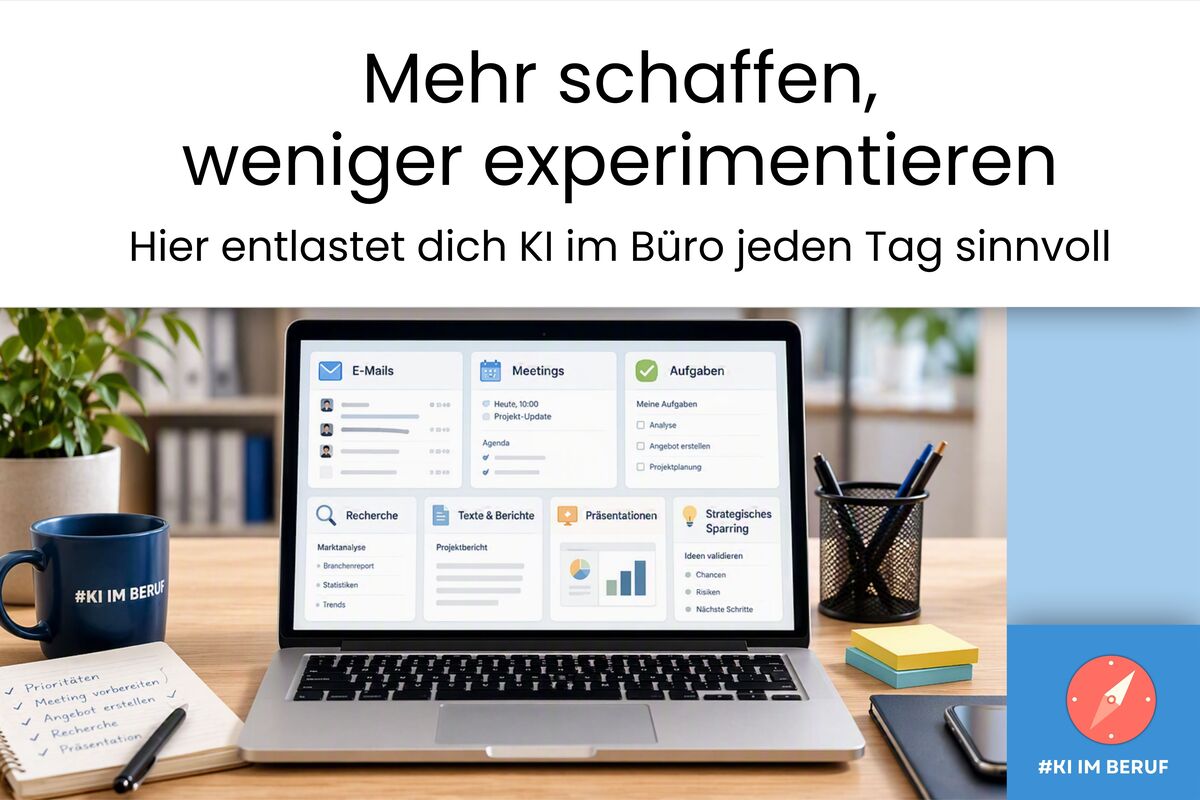 Laptop mit Aufgabenübersicht für E-Mails, Meetings und Recherche zeigt, wofür sich KI im Arbeitsalltag nutzen lässt.