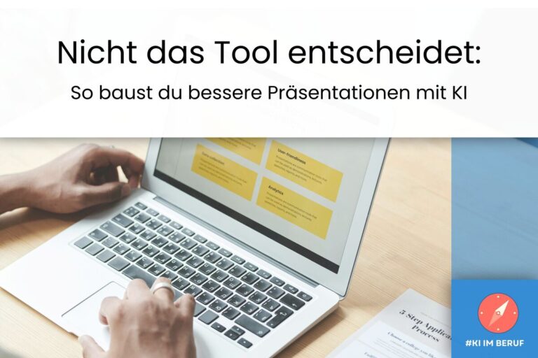 KI-Präsentationen erstellen: Laptop mit Präsentationsfolien zeigt, wie eine Person Inhalte mit KI-Unterstützung erstellt.