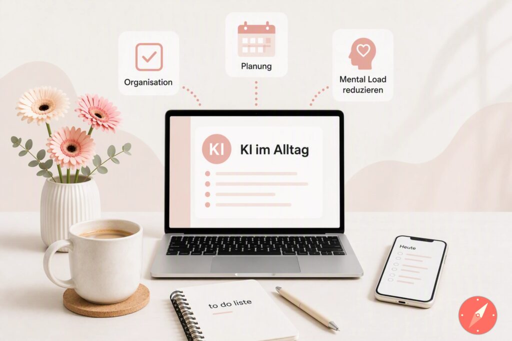Kategorienbild KI im Alltag von Kira Kompass. Schreibtisch mit Laptop, Blume und Kaffeetasse.