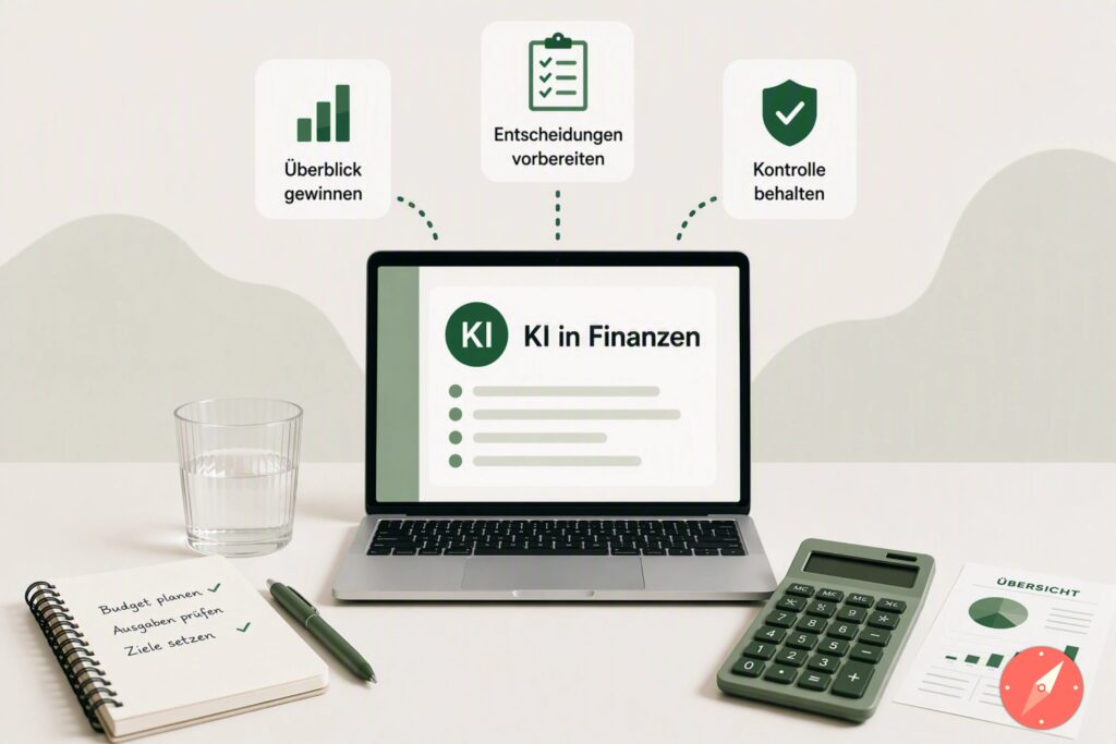 Kategorienbild KI in Finanzen von Kira Kompass. Schreibtisch mit Laptop, Taschenrechner und Wasserglas
