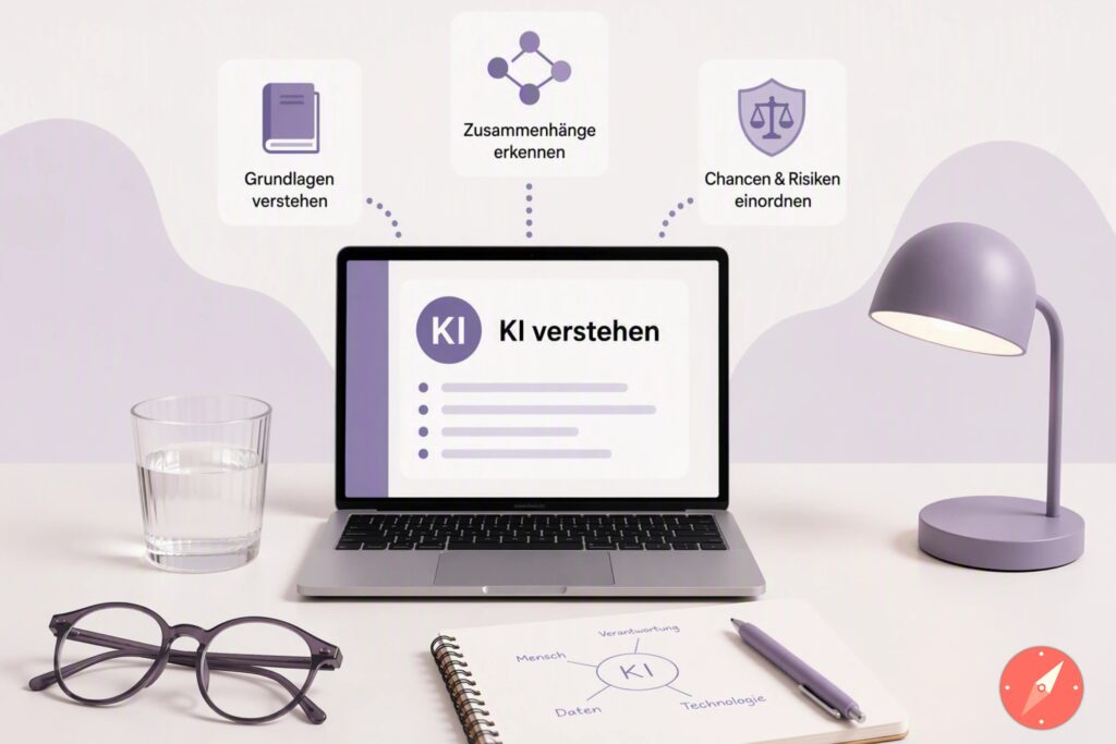 Kategorienbild KI verstehen von Kira Kompass. Schreibtisch mit Laptop, Notizblock, Brille und Stift.