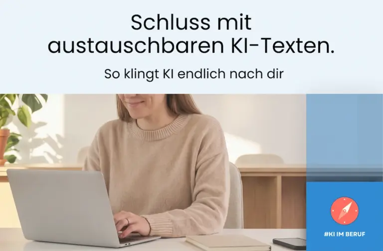 Frau arbeitet am Laptop im Büro und erstellt ein KI-Schreibprofil, um KI-Texte im eigenen Stil zu schreiben.