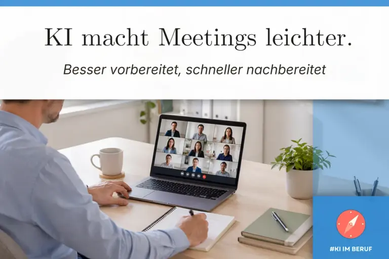 Laptop mit Videokonferenz und Notizen zeigt, wie sich KI für Meetings im Arbeitsalltag nutzen lässt.