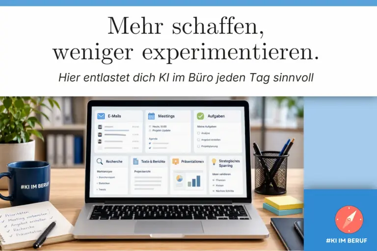 Laptop mit Aufgabenübersicht für E-Mails, Meetings und Recherche zeigt, wofür sich KI im Arbeitsalltag nutzen lässt.