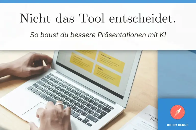 KI-Präsentationen erstellen: Laptop mit Präsentationsfolien zeigt, wie eine Person Inhalte mit KI-Unterstützung erstellt.