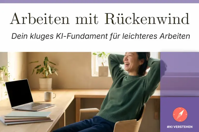KI-Produktivitätssystem. Lachende Frau lehnt sich entspannt am Laptop zurück.