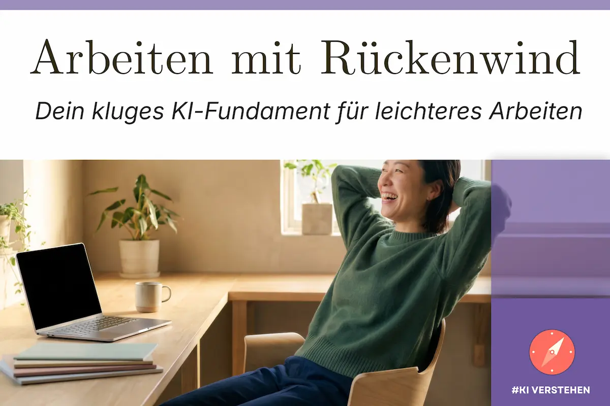 KI-Produktivitätssystem. Lachende Frau lehnt sich entspannt am Laptop zurück.