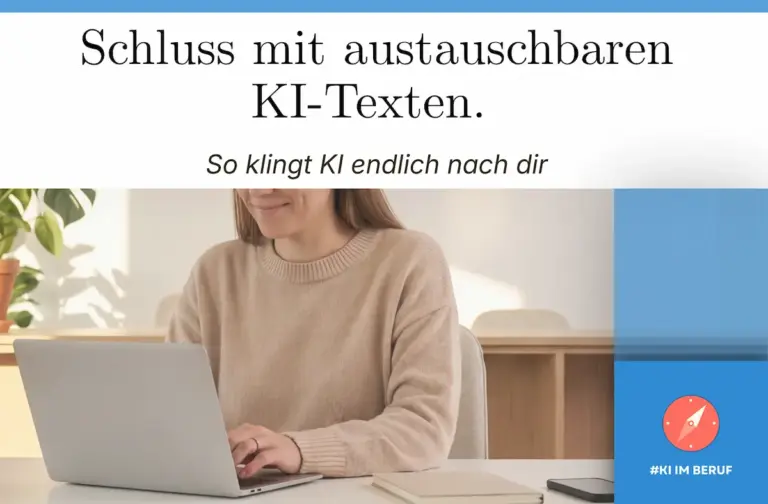 Frau arbeitet am Laptop im Büro und erstellt ein KI-Schreibprofil, um KI-Texte im eigenen Stil zu schreiben.