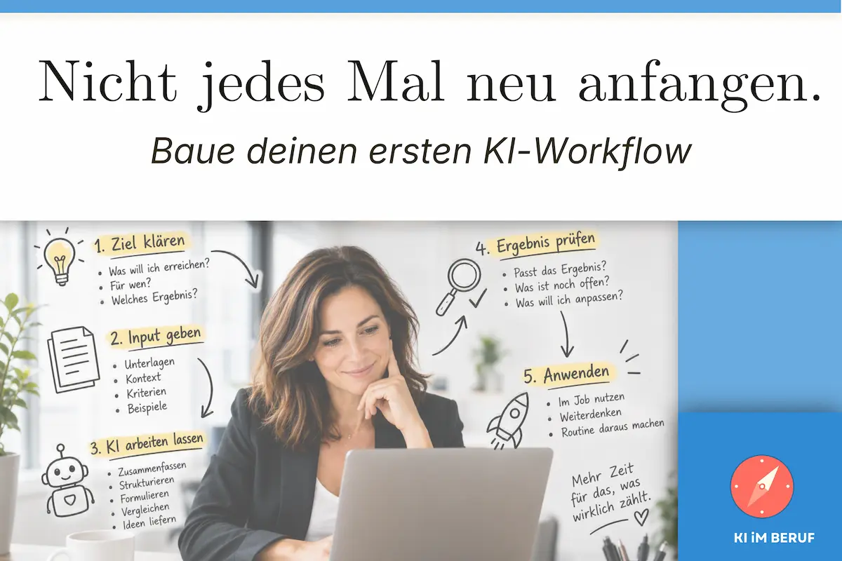 KI-Workflow erstellen. Frau sitzt am Laptop und Text-Snippets im Hintergrund beschreiben welche Schritte für einen KI-Workfloe nötig sind..