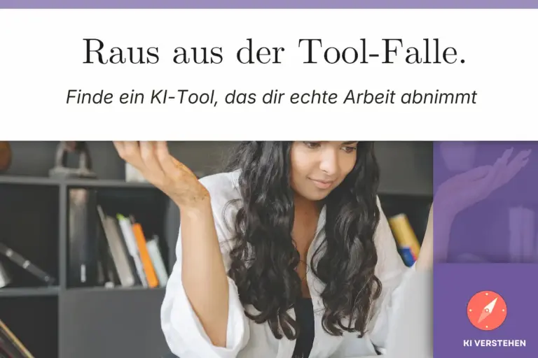 Tool-Falle vermeiden. Frau sitzt am Laptop und hebt ratlos die Hände.