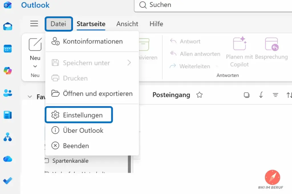 Im neuen Outlook über Datei die Einstellungen öffnen