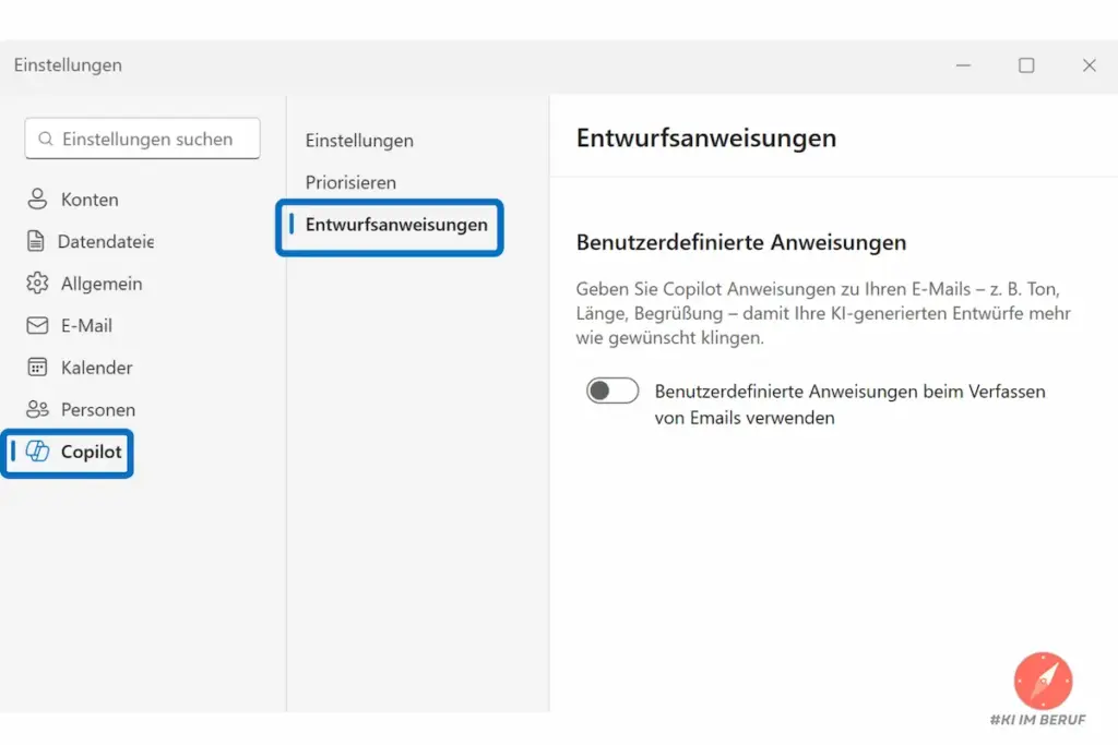 In den Outlook-Einstellungen Copilot und Entwurfsanweisungen auswählen