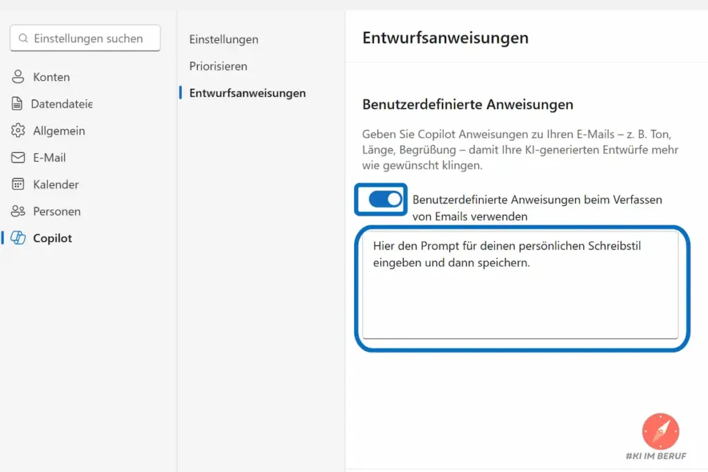 Benutzerdefinierte Entwurfsanweisungen aktivieren und den eigenen Schreibstil in Outlook eintragen
